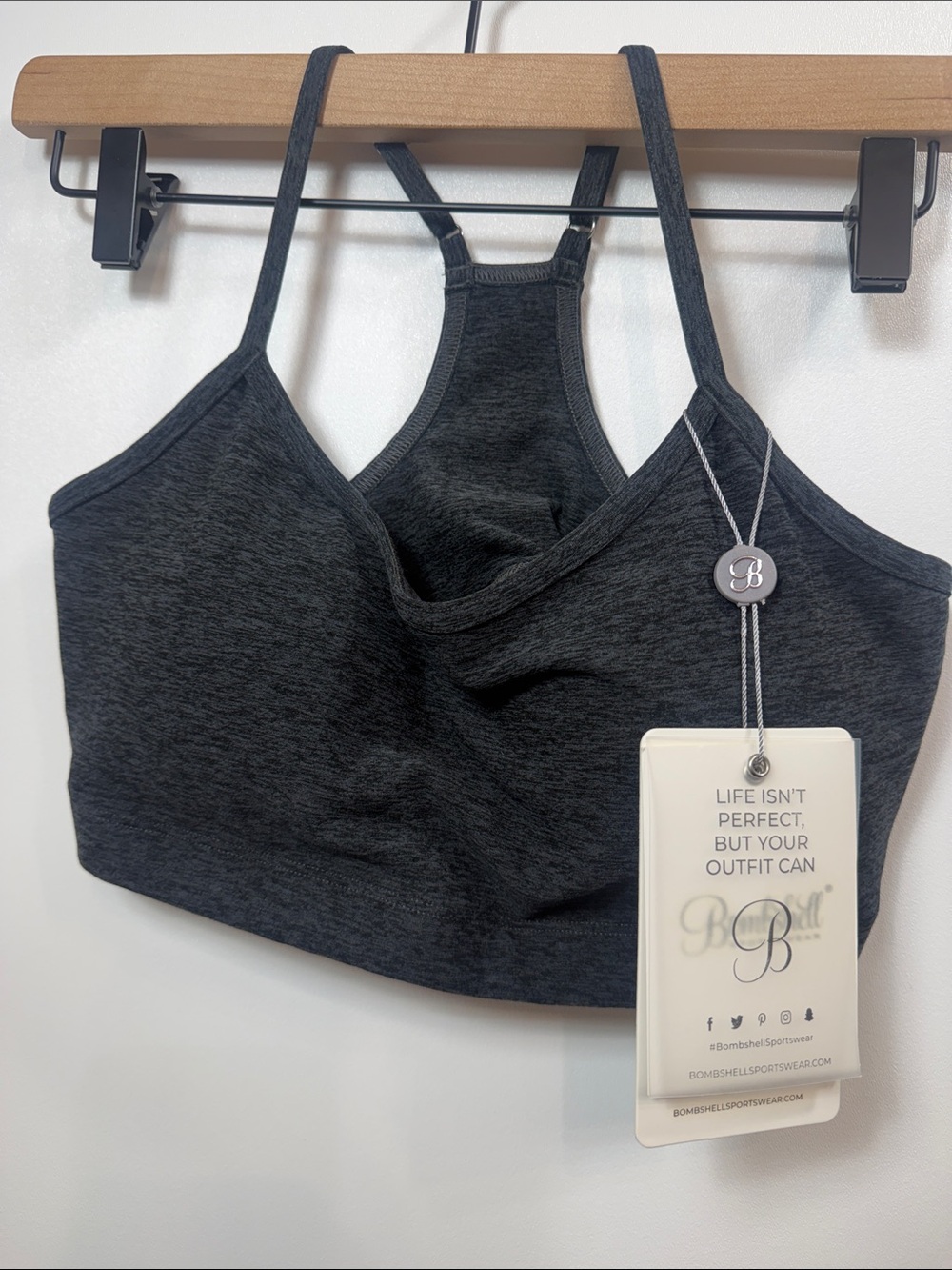 Bombshell sportswear Razorback sports bra black gray size large. NWT.
